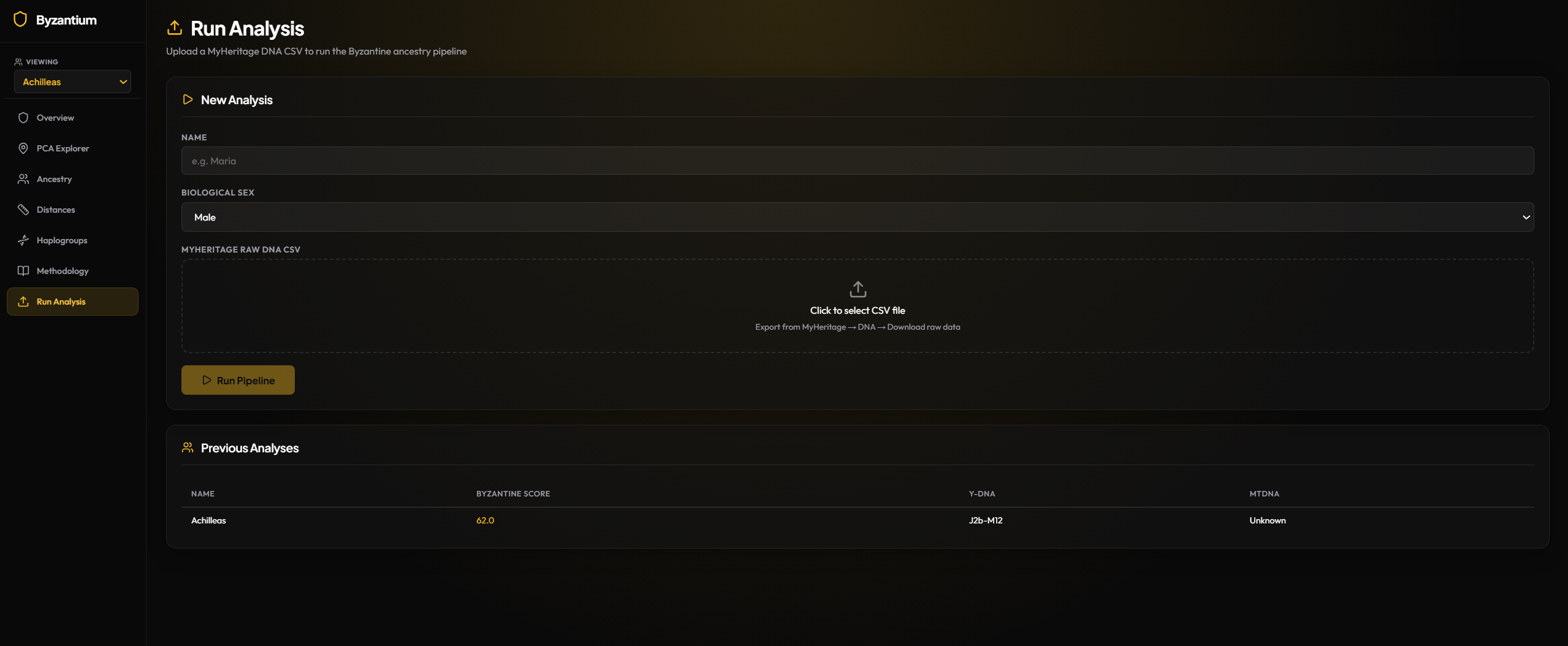 Run Analysis  - Upload MyHeritage CSV to run the Byzantine ancestry pipeline